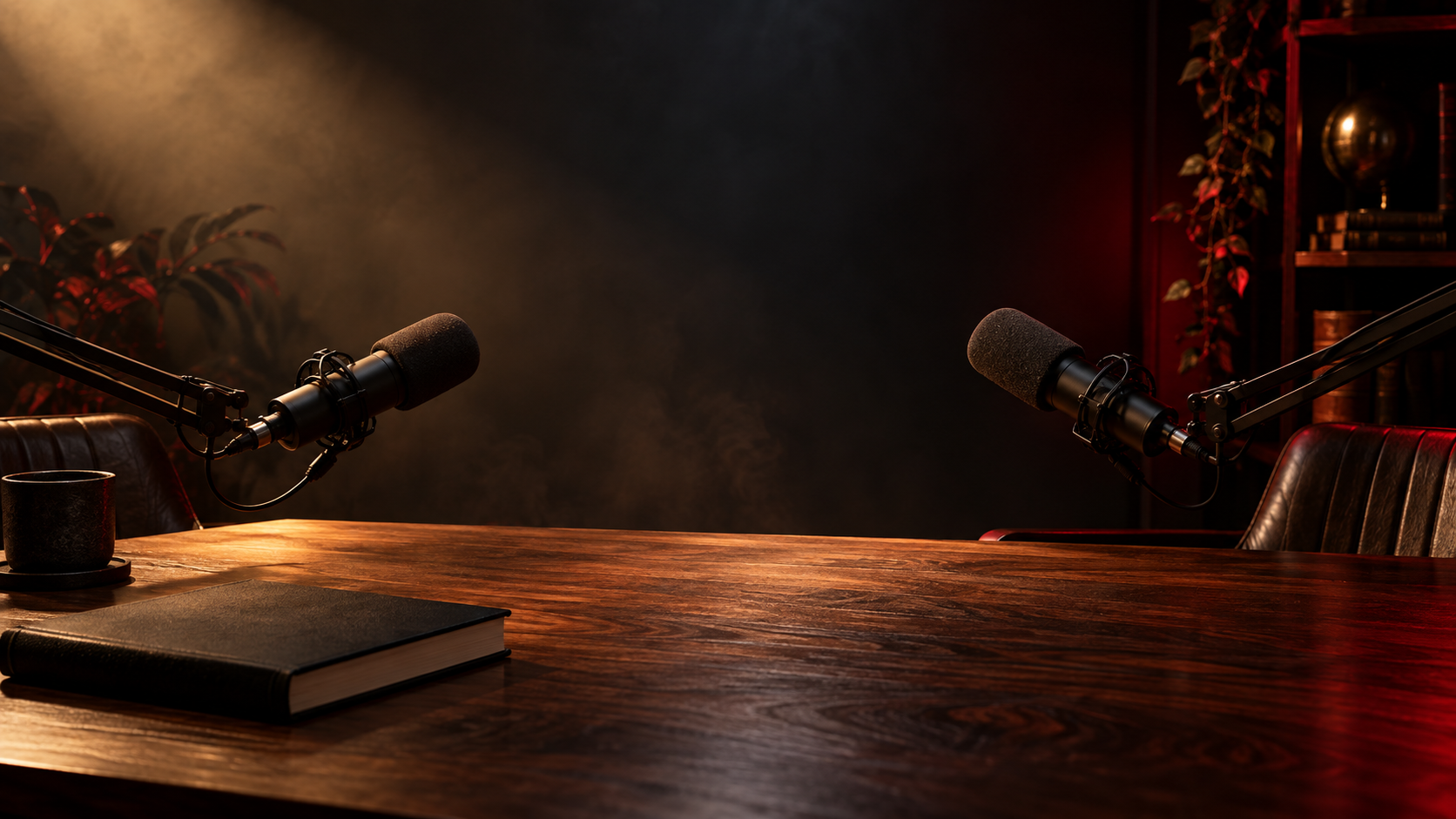 Two microphones facing each other across a dark studio table